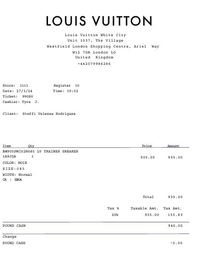 louis vuitton shoe receipt